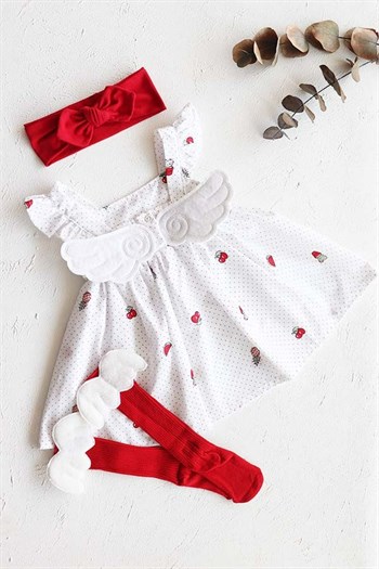 Beyaz Renkli Askılı, Melek Kanatlı Kız Bebek Elbise Özel Set