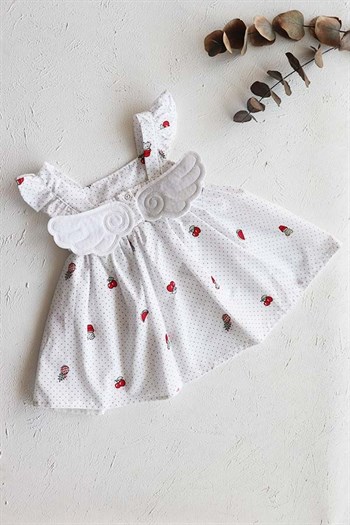 Beyaz Renkli Askılı, Melek Kanatlı Kız Bebek Elbise