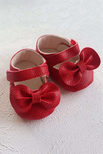 Kırmızı Renkli Fiyonklu Bebek Babet Makosen Ayakkabı