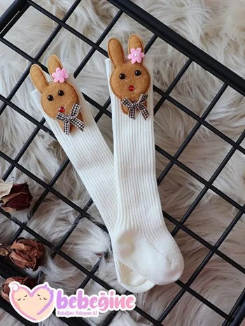 Krem Renkli Tavşan Figürlü Bebek Dizaltı Çorap