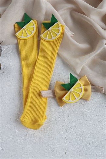 Limon Figürlü Sarı Renkli Dizaltı Çorap ve Bant Takımı