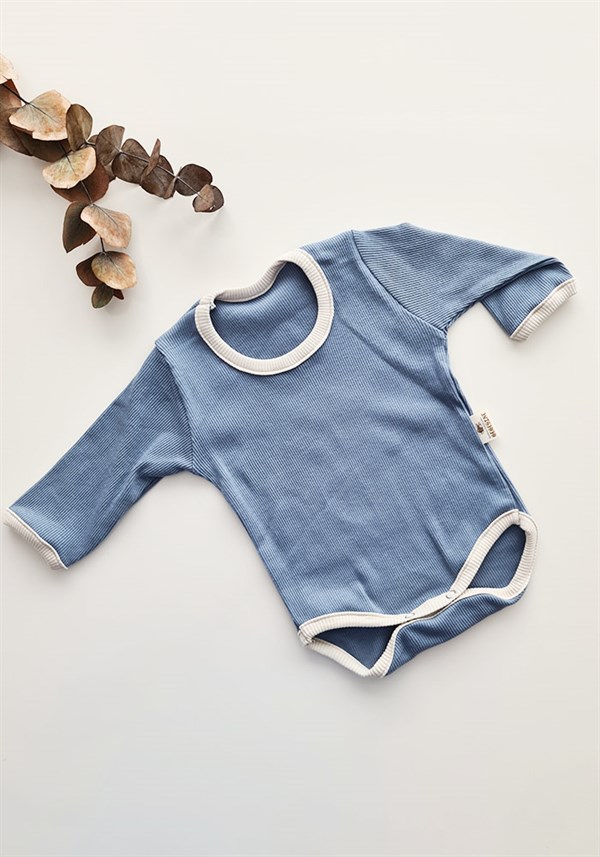 Mavi Renkli Biyeli Bebek Unisex Uzun Kollu Zıbın