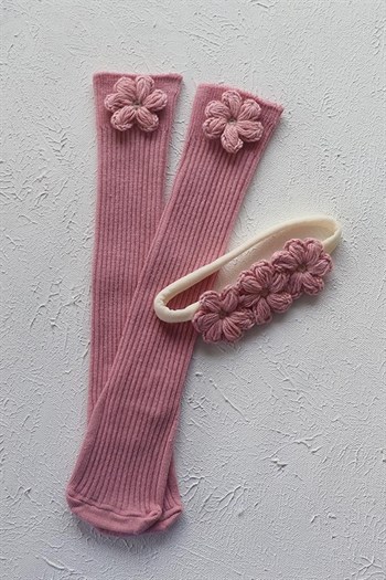 Pudra Renkli El Örgüsü Bebek Çiçek Saç Bandı ve Çorap Takımı