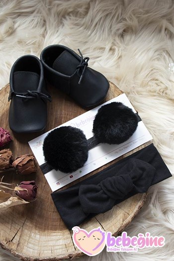 Siyah Renk Bebek Makosen Ayakkabı ve Bant Takımı
