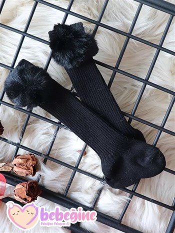 Siyah Renkli Ponpon Figürlü Bebek Dizaltı Çorap