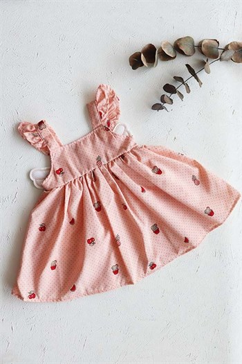 Somon Renkli Askılı, Melek Kanatlı Kız Bebek Elbise