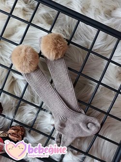 Bej Renkli Ponpon Figürlü Bebek Dizaltı Çorap
