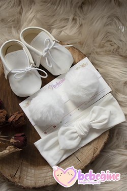 Beyaz Renk Bebek Makosen Ayakkabı ve Bant Takımı