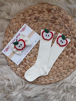 Elma Figürlü Krem Renkli Dizaltı Çorap ve Bant Takımı