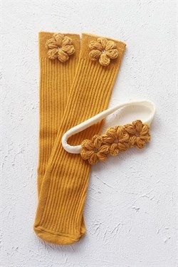 Hardal Renkli El Örgüsü Bebek Çiçek Saç Bandı ve Çorap Takımı