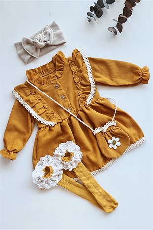 Hardal Renkli ve Çantalı Kız Bebek Kadife Elbise Özel Set