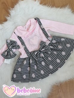 Kalp Nakışlı, Taş İşlemeli Bebek Elbise Takımı (Bandana Hediyeli)