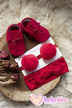 Kırmızı Renk Bebek Makosen Ayakkabı ve Bant Takımı