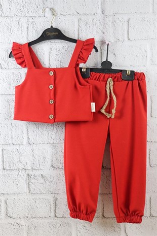 Kırmızı Renkli Kız Çocuk Pantolonlu Crop Takım