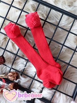 Kırmızı Renkli Ponpon Figürlü Bebek Dizaltı Çorap