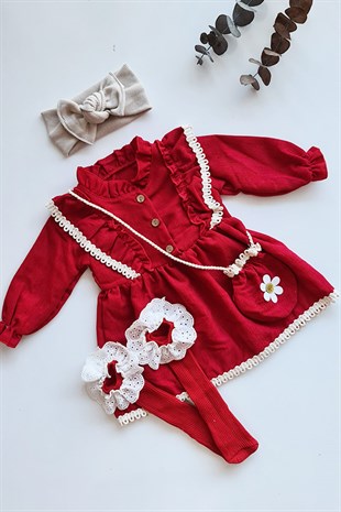 Kırmızı Renkli ve Çantalı Kız Bebek Kadife Elbise Özel Set
