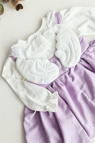 Lila Renkli Fisto Detaylı Melek Kanatlı Bebek Elbise