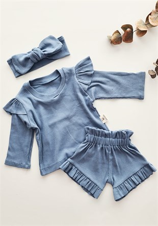 Mavi Renkli Kız Bebek Uzun Kollu ve Bandanalı Alt Üst Takım