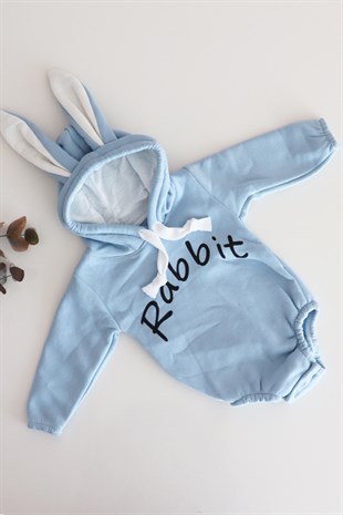 Mavi Renkli Rabbit, Kapüşonlu Kışlık Bebek Sweat Romper