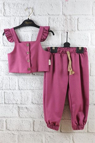 Mor Renkli Kız Çocuk Pantolonlu Crop Takım