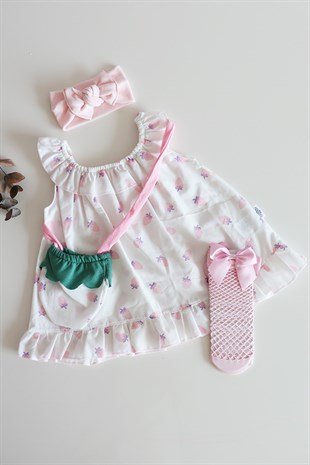 Pembe Renkli Çilek Motifli ve Çantalı Bebek Elbise Özel Set