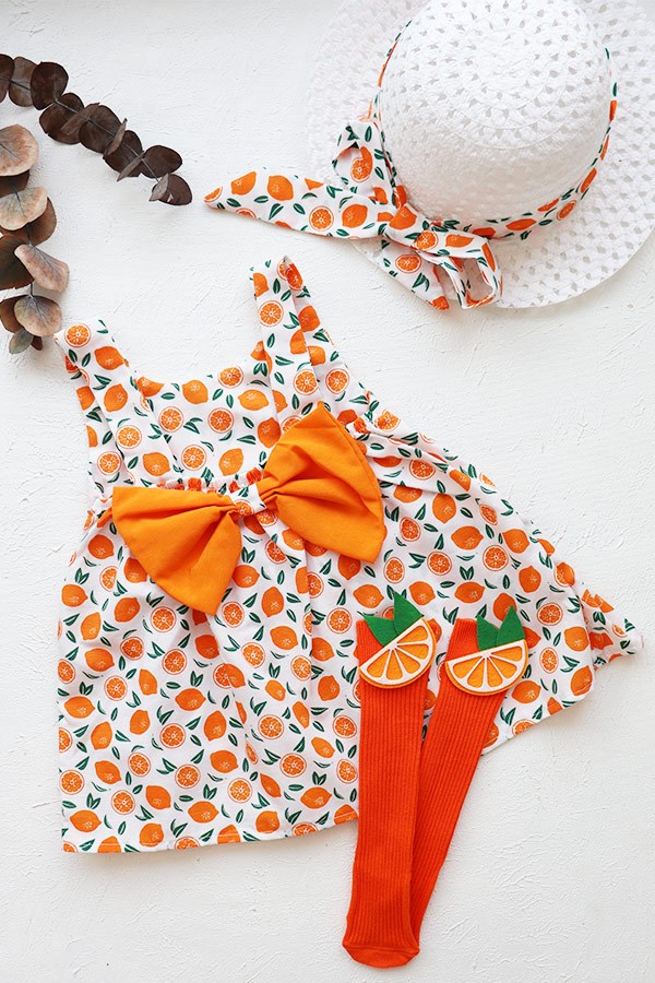 Portakal Desenli Askılı ve Şapkalı Bebek Takım Elbise Özel Set