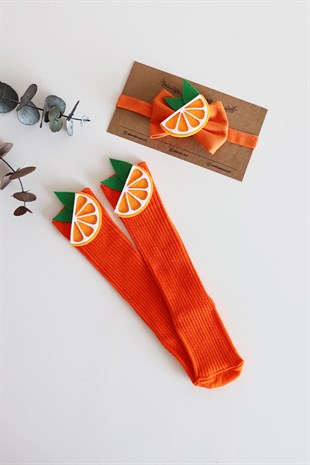 Portakal Figürlü Dizaltı Çorap ve Bant Takımı