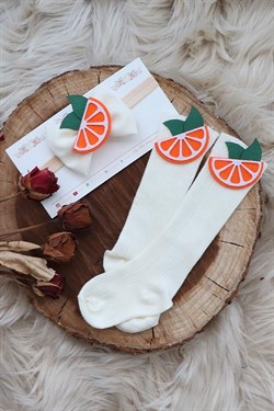Portakal Figürlü Krem Renkli Dizaltı Çorap ve Bant Takımı