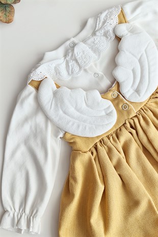 Sarı Renkli Fisto Detaylı Melek Kanatlı Bebek Elbise