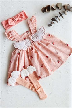 Somon Renkli Askılı, Melek Kanatlı Kız Bebek Elbise Özel Set