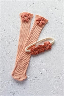 Somon Renkli El Örgüsü Bebek Çiçek Saç Bandı ve Çorap Takımı