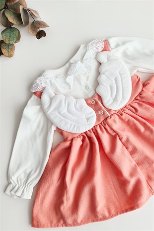 Somon Renkli Fisto Detaylı Melek Kanatlı Bebek Elbise