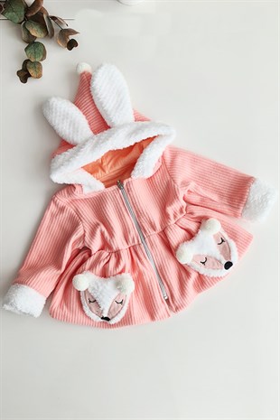 Somon Renkli Tillki Konsept Kız Bebek ve Çocuk Kışlık Ceket