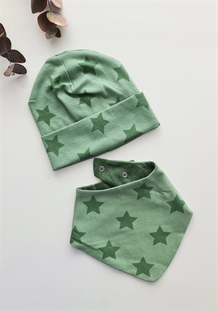Yeşil Yıldız Desenli Bebek Bere- Boyunluk Özel Set
