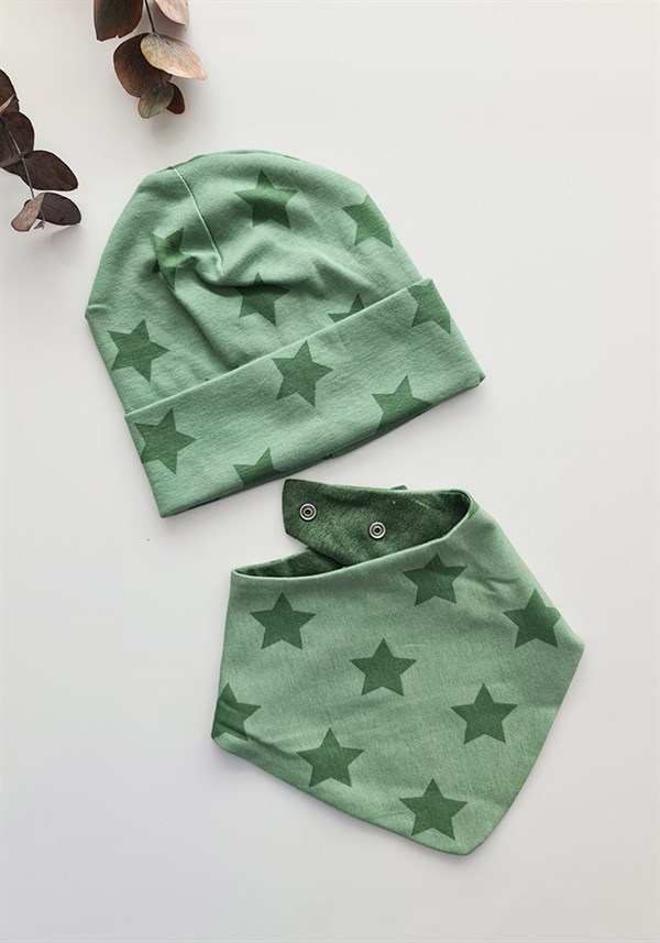 Yeşil Yıldız Desenli Bebek Bere- Boyunluk Özel Set